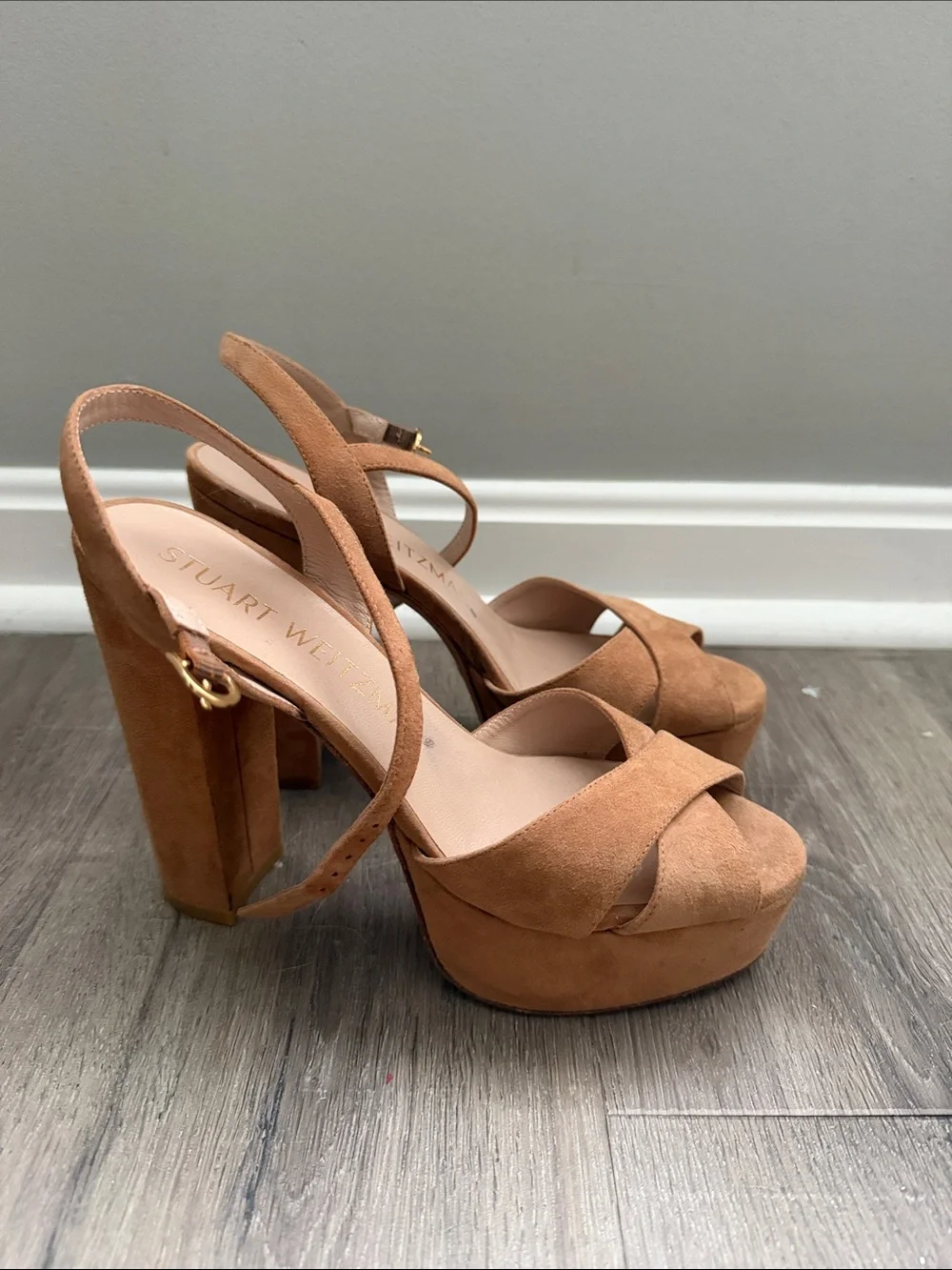 Stuart Weitzman Cognac Suede Platform Slingback Heels